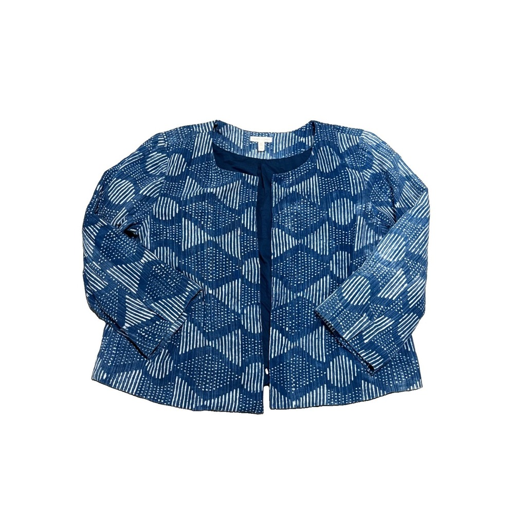 Eileen Fisher Womens L Hand Printed Organic Cotton Indigo Open Blazer Crop Prep - Picture 2 of 7